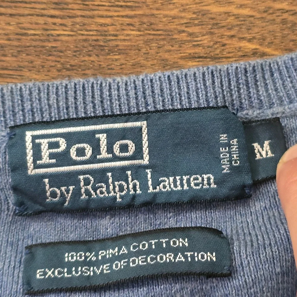 Polo Ralph Lauren Mens Blue Pima Cotton V-Neck Sweater Red Pony Logo Size M